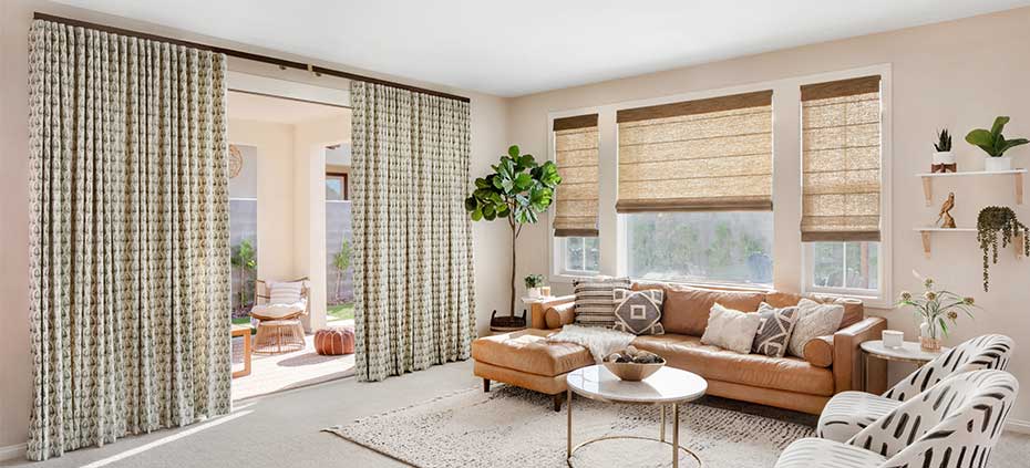 Roman Shades in living room with drapery